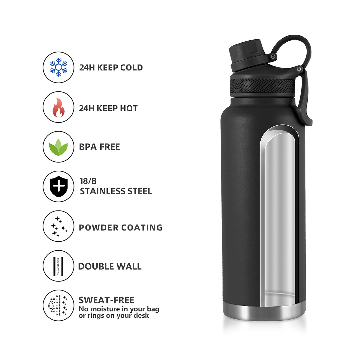 Black Oasis 1.18L stainless steel insulated drink bottle with carry lid