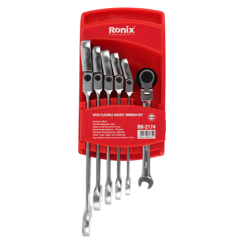 Ronix Flex‑Head Double Box-End Ratcheting Wrench Set (6‑Piece)